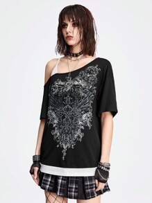 ROMWE Grunge Punk Dark Punk Style Loose Fit 2 In 1 Women's T-Shirt With Asymmetric Shoulder And Wing Pattern Printing, School - Black - View 4