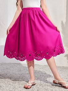 SHEIN Jupe Jacquard rose pour adolescente avec motif à fleurs brûlées et ourlet propre, jupe évasée de longueur midi - Rose vif - Voir 6