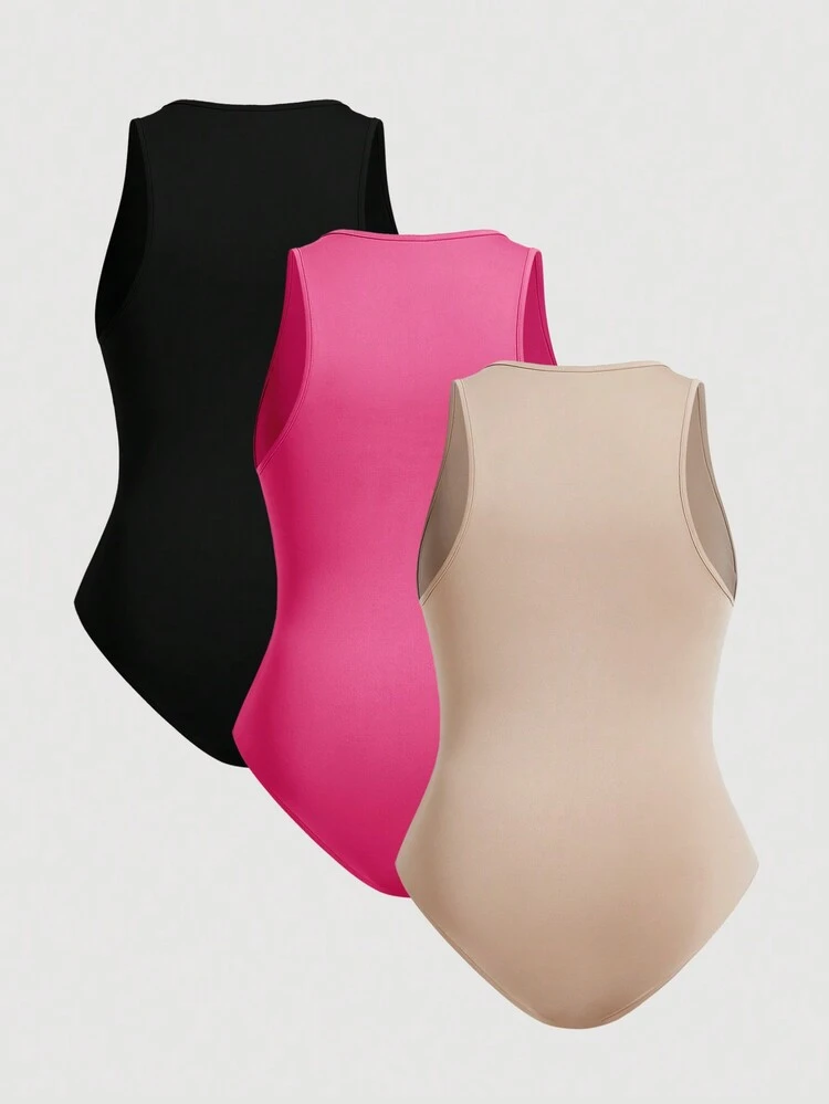 Elegant Plus Size Slim Fit Bodysuit 3pcs/Set, V-Neck Camisole, Black, Pink And Apricot, Suitable For Layering, Daily Outing And Commuting