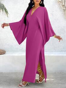 VaVaBold Đầm maxi tay loe cổ chữ V màu trơn cho nữ kỳ nghỉ hè - Màu tím - Xem 6