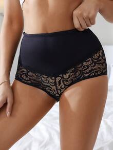 SHEIN Kvinnor Enfärgad spets Patchwork Trosor med hög midja - Svart - Visa 5