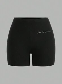 SHEIN EZwear 2 chiếc quần legging ngắn bó sát co giãn in họa tiết tiếng Anh đơn giản dành cho nữ, mùa hè - Đen và trắng - Xem 4