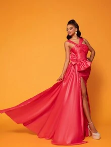 Smilprince Long High-Slit Evening Dress With Bright Color And Chic Bow Decoration