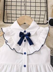 SHEIN Young Girl Back To School Season Commuting & Casual Academia Style Light Blue & White Lotus Edge Sleeveless Dress,Holiday,Summer,Travel - Blue and White - View 4