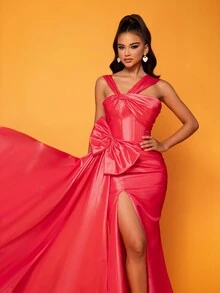 Smilprince Long High-Slit Evening Dress With Bright Color And Chic Bow Decoration