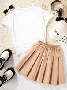 SHEIN Tween Girl Casual College Style Short Sleeve T-Shirt And Skirt 2pcs Set