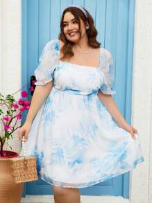 Dreamara 加大尺碼假日優雅花卉印花方領泡泡袖束腰A字裙 - 藍色 - 查看 4