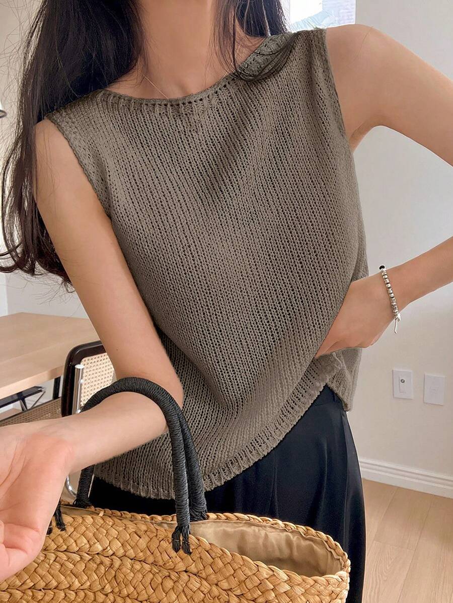 DAZY Áo dệt kim không tay màu trơn mùa hè có cổ tròn cho nữ - Màu Xám nhạt - Xem 1