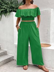 Breezaya Plus Size Holiday Leisure Solid Color Off-Shoulder Ruffle Cropped Top And Wide-Leg Pants 2-Piece Set
