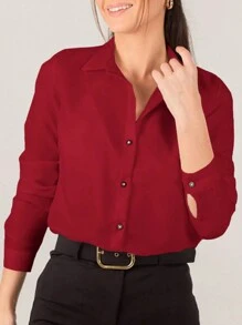 EURMUSE 素色前紐扣襯衫 - 酒紅色 - 查看 3