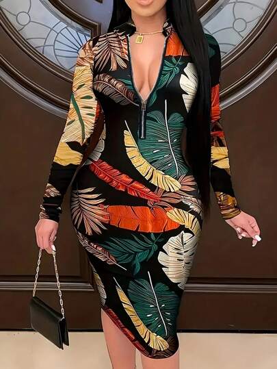 Vestido casual de manga larga y ajustado con estampado floral para vacaciones en tallas grandes