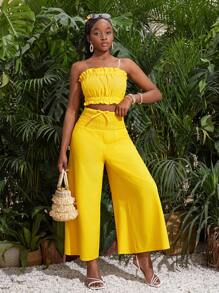 SHEIN Mono amarillo sin tirantes y con pierna ancha para adolescente con diseño drapeado para atuendos de vacaciones o de ocio - Amarillo - Ver 5