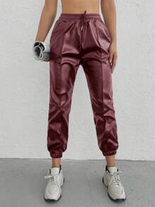 SHEIN Cottnline Solid Drawstring Waist Slant Pocket Pants - Burgundy - View 5