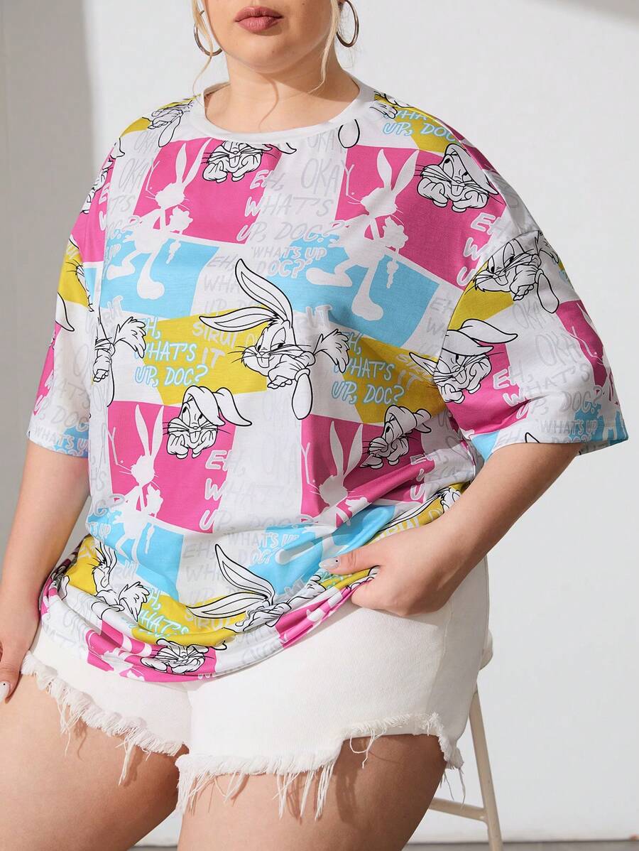 LOONEY TUNES X SHEIN Plus Size Loose Fit Cartoon Rabbit And Slogan Print Drop Shoulder Casual Summer T-Shirt - White - View 1