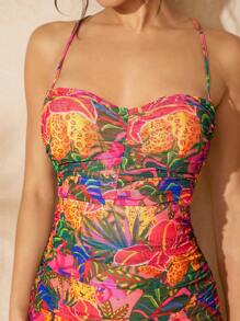 Hauture Tropical Print Ruched Backless Dress
