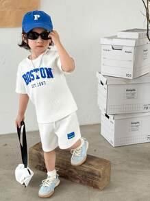 SHEIN Summer,Holiday,Traveler Young Boys' Street Style Cool Texture Fabric Tee Shorts Backpack 3pcs Set For Summer