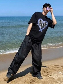 DAZY T-shirt d'été pour hommes à manches courtes imprimées de cœur avec slogan - Noir - Voir 4