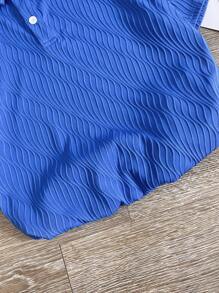 Tween Boy Resort College Jacquard Half Placket Loose Fit Knit POLO Shirt With Turn-Down Collar Short Sleeve - Blue - View 3