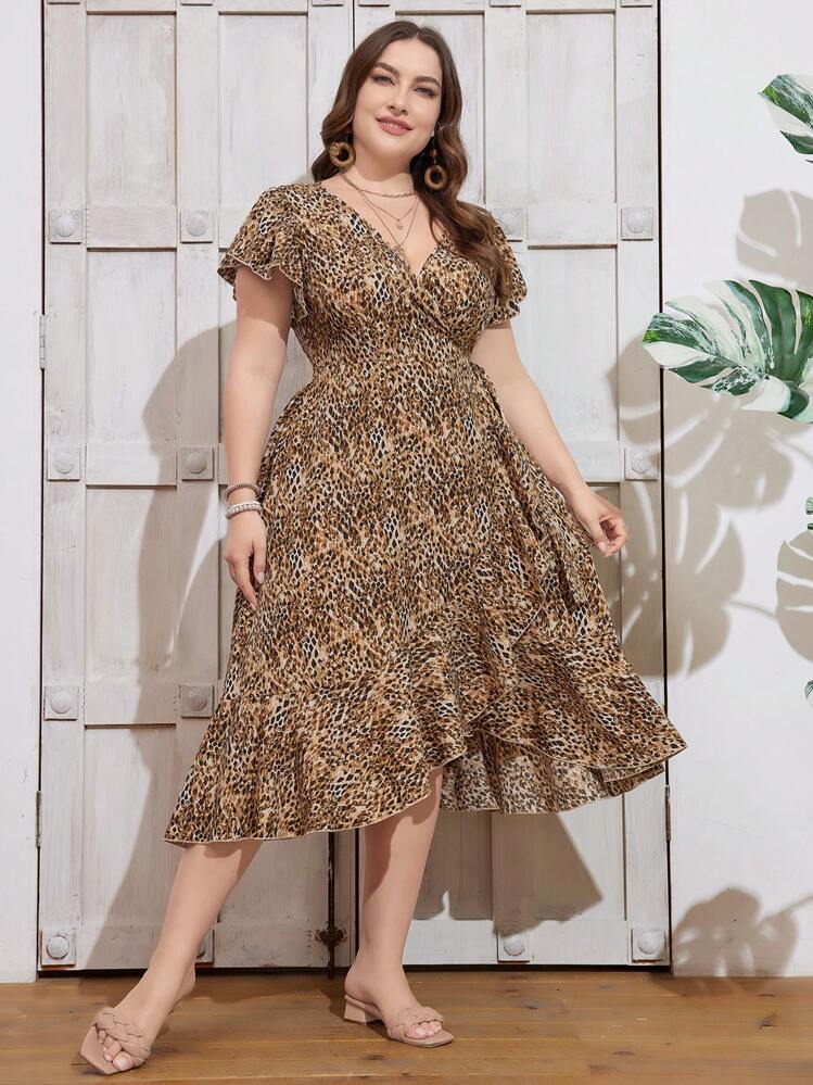 DreamSkyne Vestido de envoltura estilo resort con estampado integral y dobladillo con volantes para mujer talla grande, para el verano - Multicolor - Añade 4