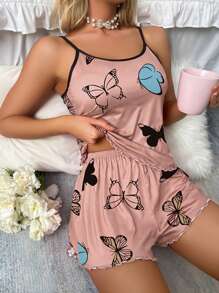 Conjunto de pijama para mujer con camiseta de tirantes y shorts con impresión de mariposa