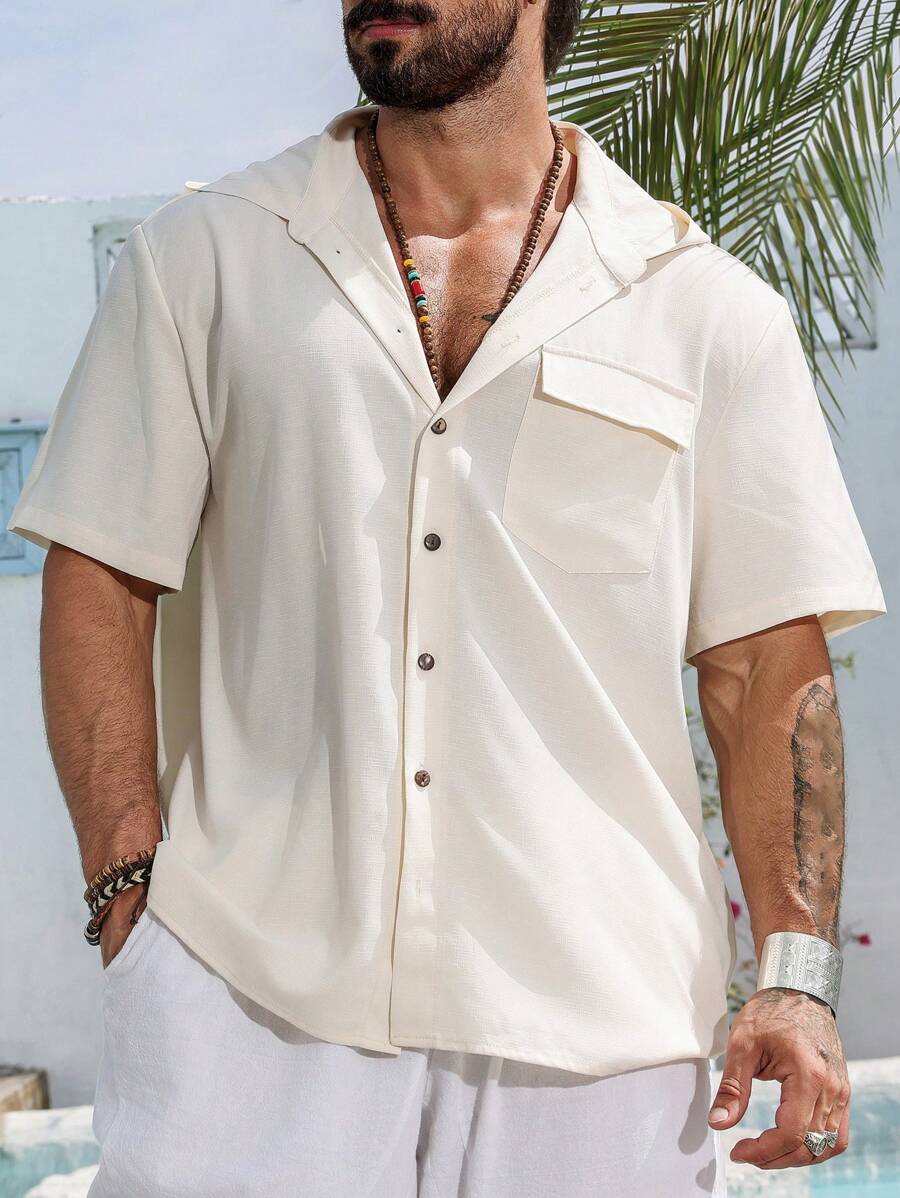 Manfinity RSRT Men Plus Size Summer Solid Colored Short Sleeve Casual Shirt With Hood And Pockets - Apricot - View 1