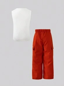 SHEIN Cô gái trẻ Chuyển tiếp phong cách đường phố mát mẻ Áo trên in màu cam và thiết kế trung tính Bộ quần vận chuyển - trái cam - Xem 2