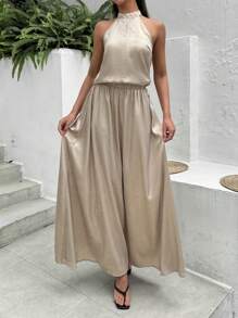SHEIN Essnce 2024 Spring/Summer New Arrival Women Khaki Metal Material Halter Top And A-Line Skirt Set - Khaki - View 1