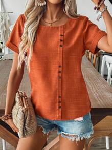 EMERY ROSE Spring/Summer Casual Bamboo Joint Decorated And Linen Shirt With Button Fastening,Short Sleeve Tops