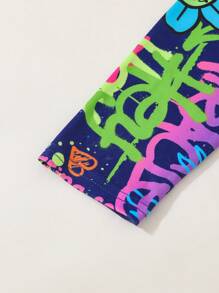 SHEIN 少女休閒街頭風格字母和花卉印花T恤和緊身褲套裝 - 彩色 - 查看 3