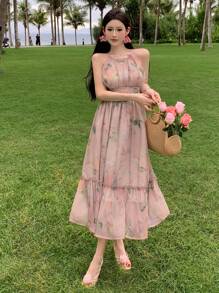 DAZY Women French Style Chiffon Printed Halterneck Dress Sundress