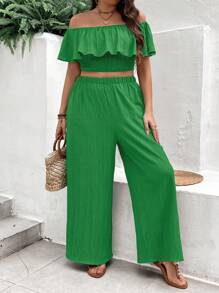 Breezaya Plus Size Holiday Leisure Solid Color Off-Shoulder Ruffle Cropped Top And Wide-Leg Pants 2-Piece Set