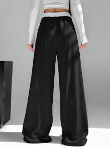 SHEIN EZwear 女性休閒寬腿拼色高腰阔腿褲 - 黑色 - 查看 2