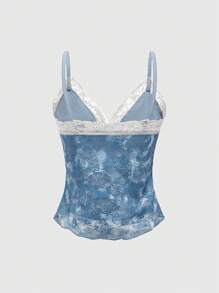 ROMWE Fairycore Women's Paisley Pattern Colorblock Lace Fabric Camisole Top, Summer - Blue - View 2