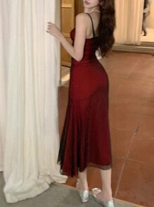 女士修身网眼细肩带派对连衣裙，夏季礼服 - 紅色 - 查看 2