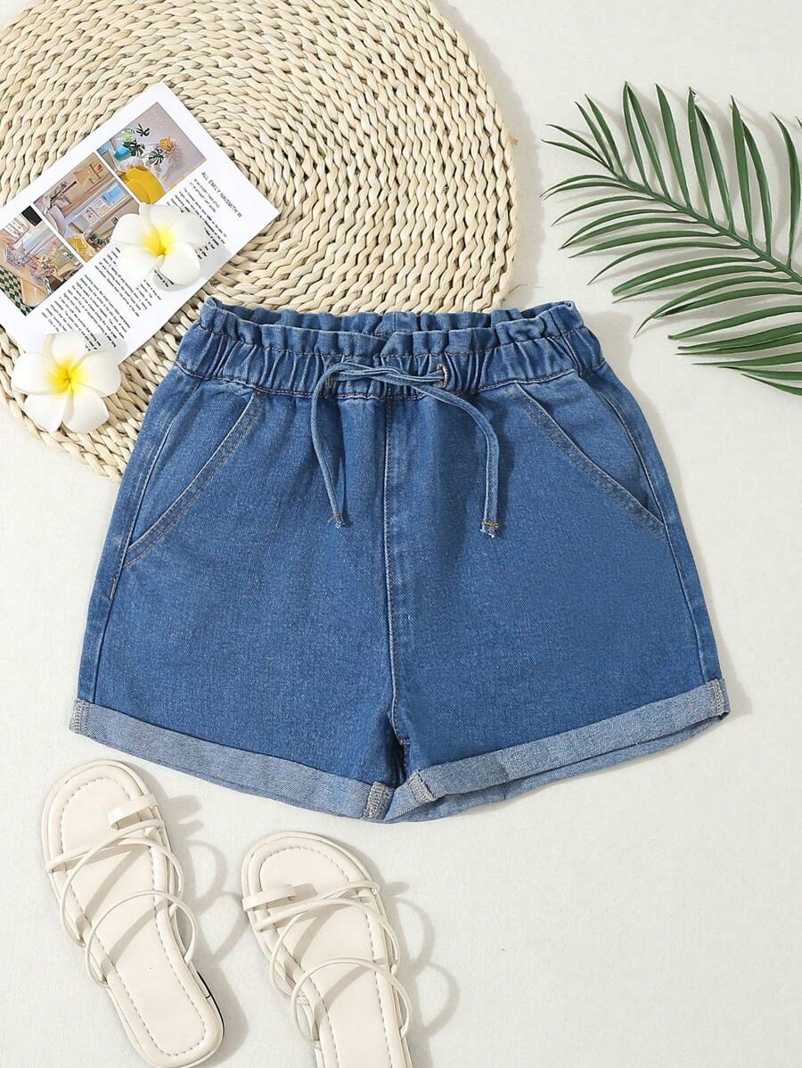Shorts en jean décontractés à ourlet roulé avec une taille élastique pour filles préadolescentes, avec embellissement de fleurs - Jean bleu - Voir 1