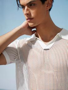 AKNOTIC Business Casual Men's Crochet Knit Summer V-Neck Polo Shirt In White