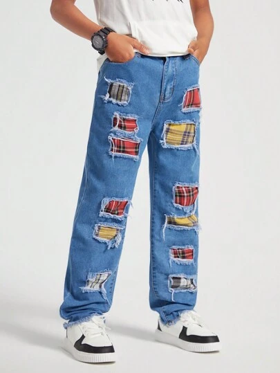SHEIN 青少年男孩時尚休閒破洞撕邊色塊拼接直筒藍色牛仔褲