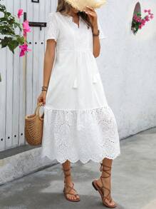 SHEIN VCAY 女士時尚舒適V領長裙，A字裙擺，適用於夏季度假 - 白色 - 查看 7