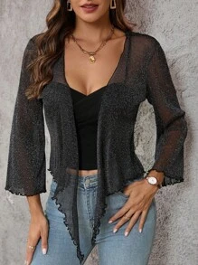 SHEIN Clasi Women Hollow Out Tie Front Ruffle Hem Crop Top Cardigan Rave Festival Outfits With Puff Sleeves