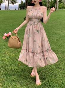 DAZY Women French Style Chiffon Printed Halterneck Dress Sundress