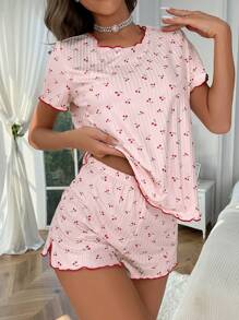 CottageSlumber Cherry Print Lettuce Trim Tee & Shorts PJ Set / Pajama Set Holiday Season, Vacation
