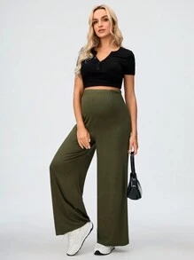 SHEIN Maternity Romantic Garden Young And Elegant Wide Leg Pants With Super High Waist And Loose Fit