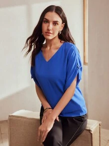 MOTF Classy SOLID V-NECK D-RING DETAIL BATWING SLEEVE BLOUSE