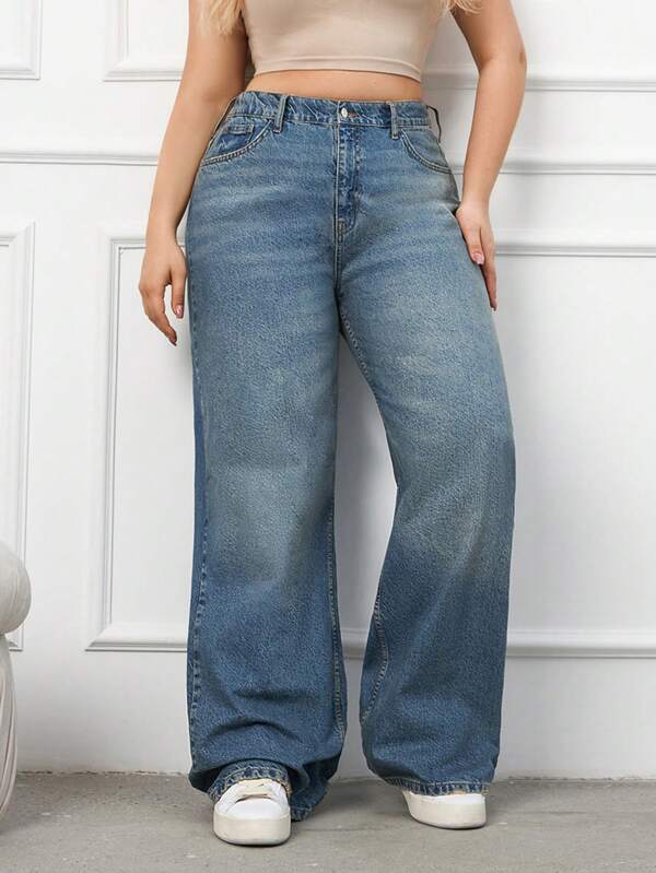 RueChic Jeans à jambes larges avec ceinture en coton 100% grande taille