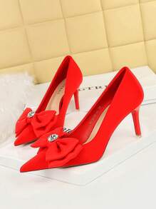 18249-AH33 Korean Style Party High Heels, Pointed Toe Stilettos With Bow Knot, Low Vamp Silk Shoes For Wedding - Red - View 1