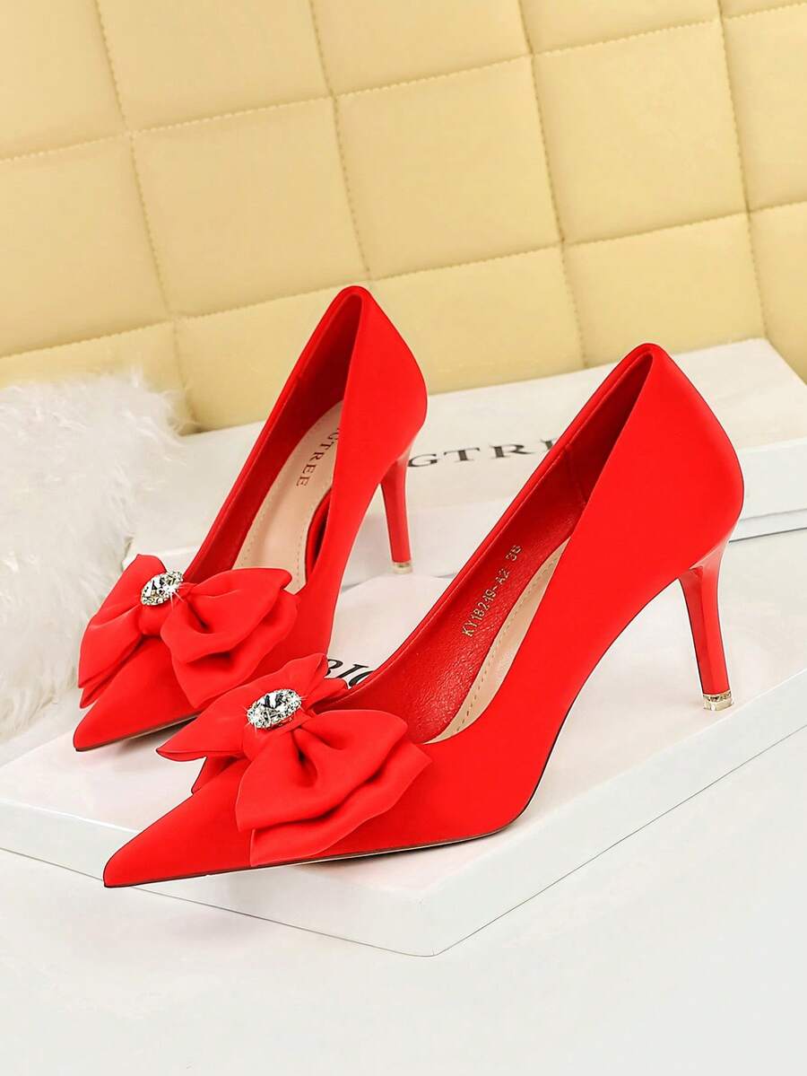 18249-AH33 Korean Style Party High Heels, Pointed Toe Stilettos With Bow Knot, Low Vamp Silk Shoes For Wedding - Red - View 1
