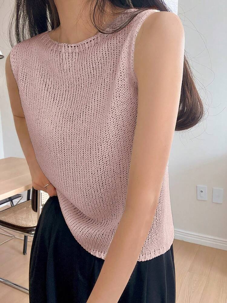 Women Summer Solid Color Sleeveless Loose Knit Top With Round Neck
