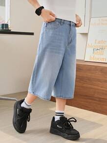 SHEIN Calça Capri Jeans Casual Elegante de Perna Larga para Meninos Adolescentes, Simples e Versátil