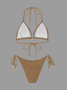 SHEIN Swim Women Summer Beach Solid Star Pattern Halter Bra & Swim Bottom Bikini Set Bathing Suit - Khaki - View 2