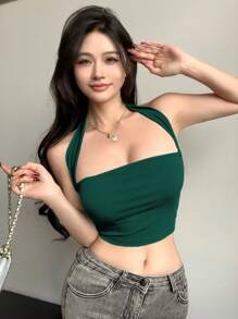 DAZY Halter Neck Tight Short Tank Top For Women Going Out Tops Summer Crop Women Tops